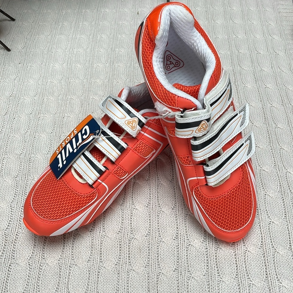 NWT Crivit Sports MENS cycling shoes. UK sz 11, 45 EUR orange/white Velcro